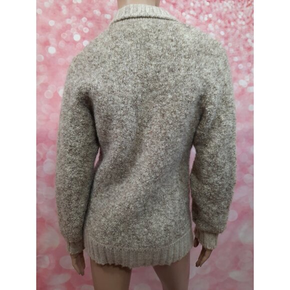 Vintage 70s Chunky Wool Cardigan Womens size M Full Zip Beige Sweater Pockets - Picture 9 of 12